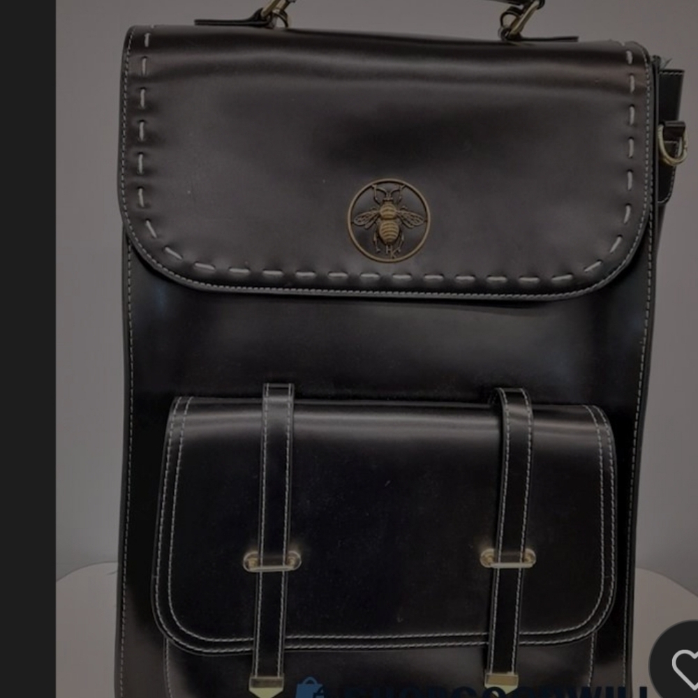 Black Leather Backpack with Bee Emblem